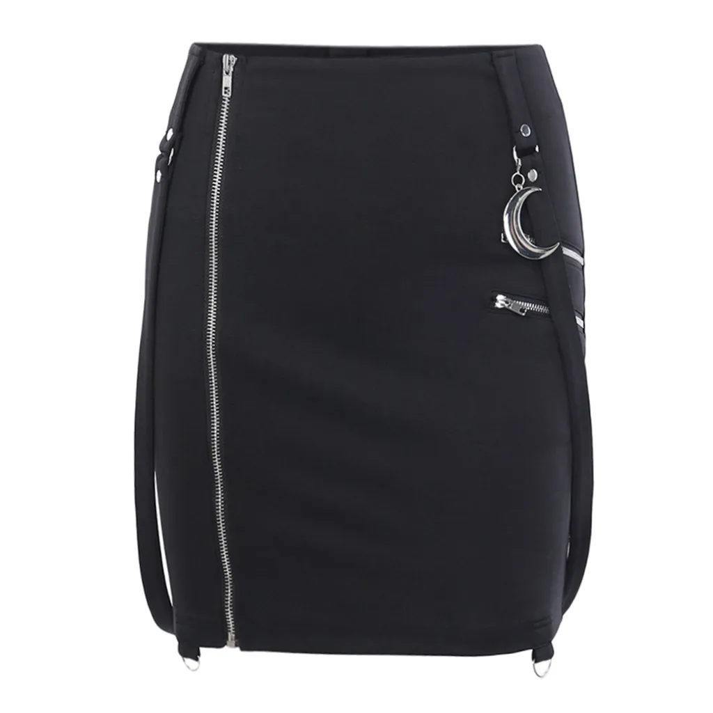 Уличная готическая юбка черная с молнией и металлическим украшением мини крутая