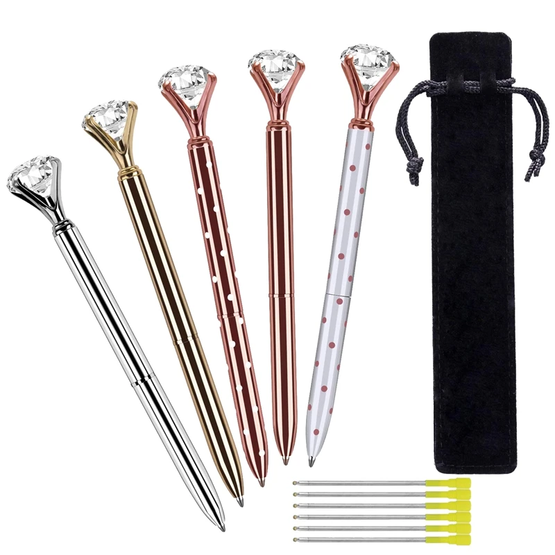 

5 шт. большая кристальная Алмазная шариковая ручка, металлическая шариковая ручка для офиса, с 5 шариковыми ручками для заправки, 1 черная бар...