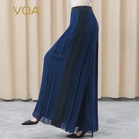 voa black blue silk georgette loose and elegant natural waist bump material heavy stitching joker relaxed wide leg skirt ke293