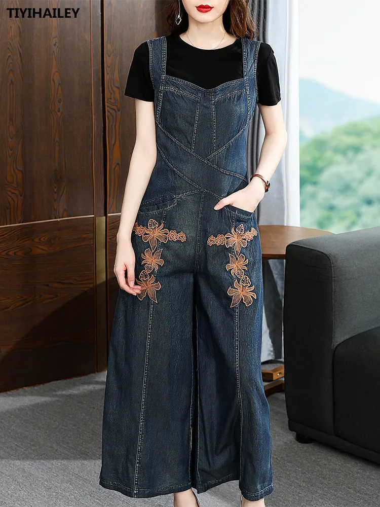 TIYIHAILEY Free Shipping Women Wide Leg Denim Embroidery Jumpsuit And Rompers S-3XL Sleeveless Thin Summer Trousers With Pockets