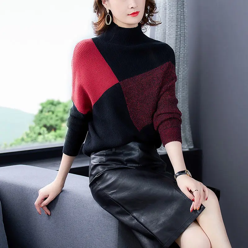 

Women Patchwork Pullover Sweater Autumn Casual Turtleneck Long Sleeve Knitted Jumper Korean Fashion Female Loose Sweater Top C63
