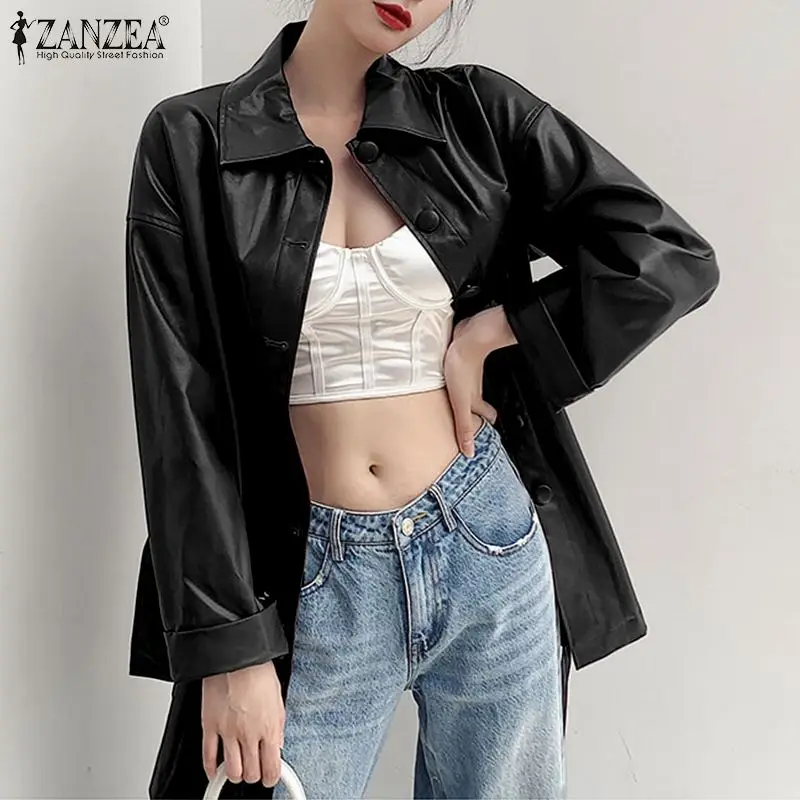 

2021 Осенняя Повседневная рубашка с лацканами ZANZEA модная блузка из искусственной кожи Женские однотонные Топы с длинным рукавом женские стил...
