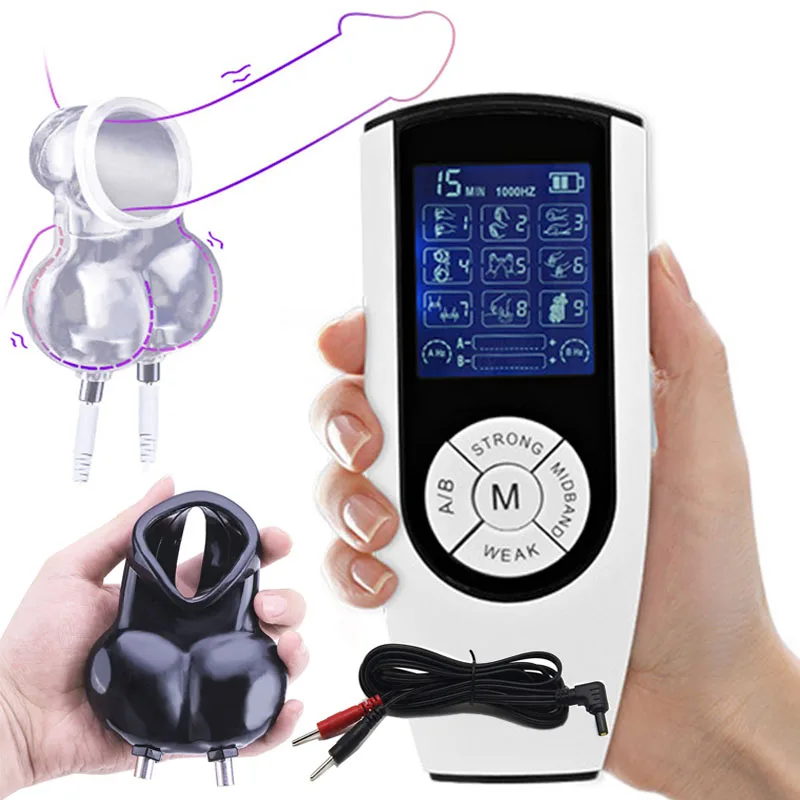 

BDSM Electro Shock Penis Ring Sex Ball Stretcher Scrotum Sleeve Male Chastity Cock Cage Medical Electric Stimulation Sex Toy