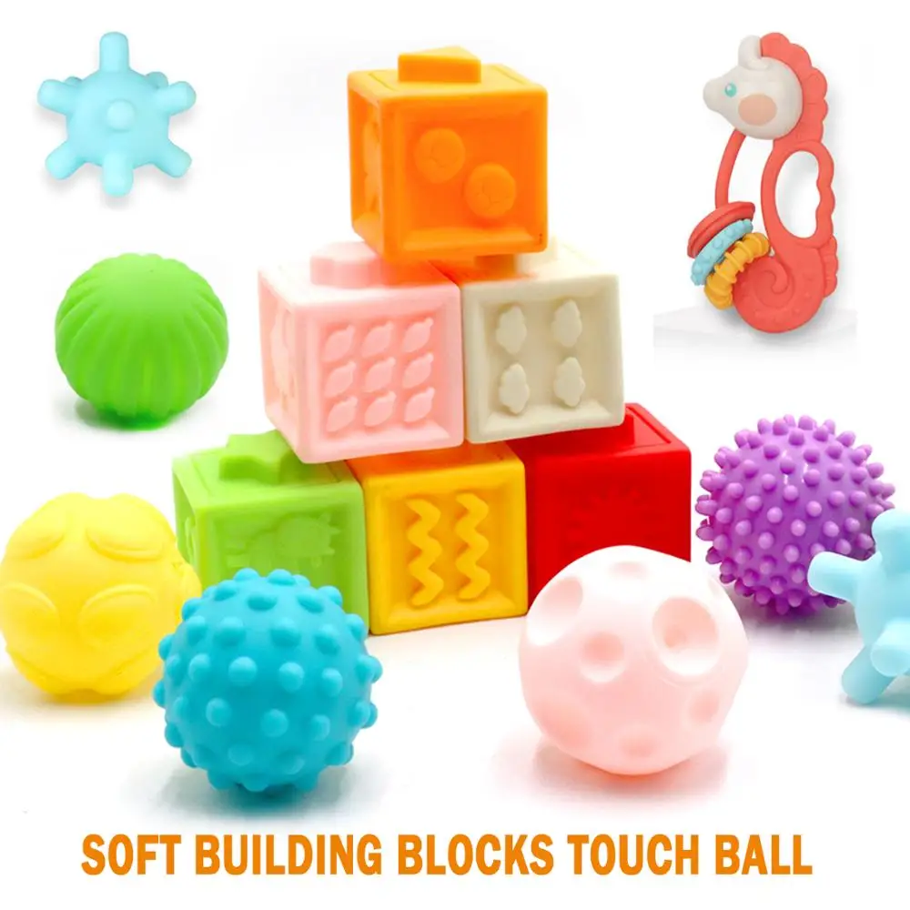 3WBOX Baby Grasp Toy Building Blocks 3D Touch Hand Soft Balls Massage Rubber Teethers Squeeze Sensory Silicone Bath Toys for bab | Игрушки и