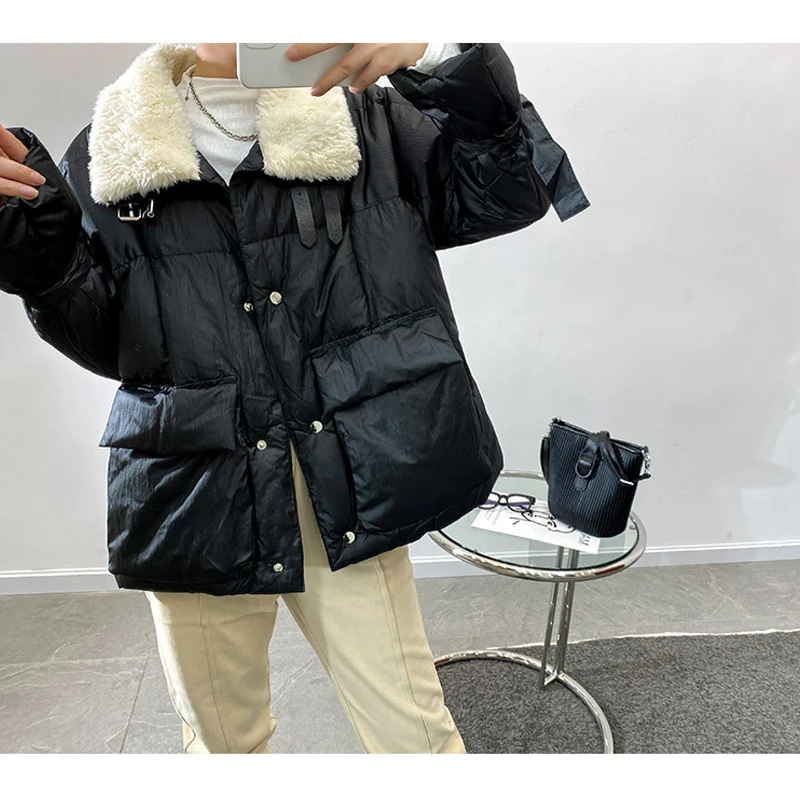 

Женское теплое зимнее пальто Think, Женская свободная однобортная куртка с меховым воротником, женская Свободная верхняя одежда с хлопковой п...