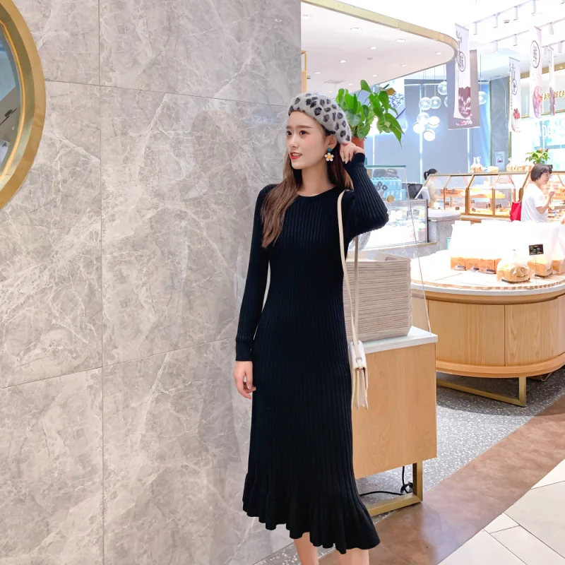 Вязанный зимний свитер платье для женщин Труба Милая девушка с длинным рукавом