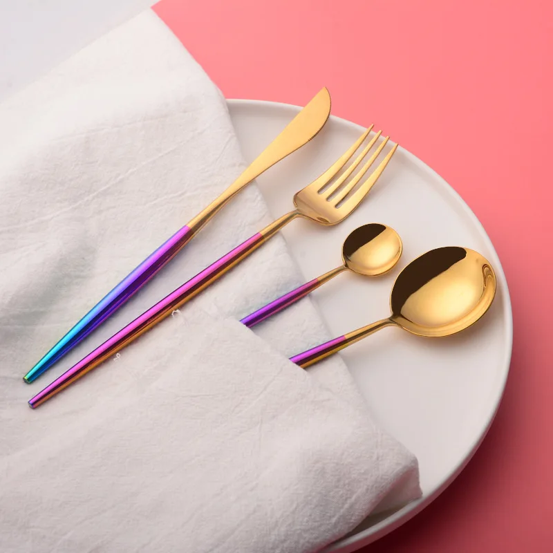 

4pcs/set Rainbow Cutlery Set Wedding Tableware Stainless Steel Gold Dinnerware Colorful Dinner Knife Fork Xmas Party Dinner Set