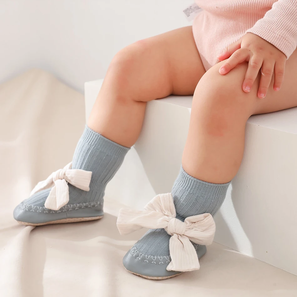 

Toddlers Children Socks Bow Baby Girls Sock Shoes Winter Warm Terry Thicken Long Tube Toddler Shoes Infants Girl First Walkers