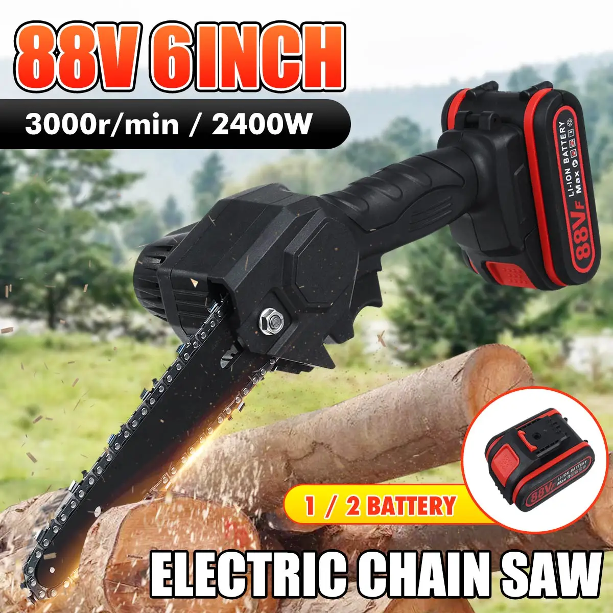 

6 Inch 2400W 88V Mini Pruning Saw Electric Chainsaw Woodworking Garden Trimming Eletric Saw With Lithium Battery One-Handed Tool
