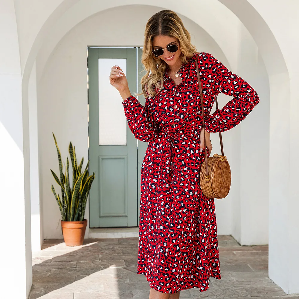 

Leopard print waist dress new V-neck long-sleeved mid-length dress cotton beach dress women elegant dresses summer 2020