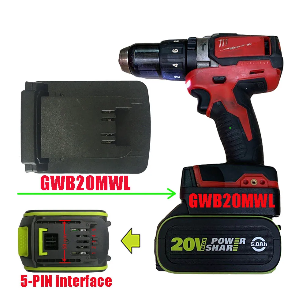 

dawupine GWB20MWL Adapter Converter Use Worx Green 5-Pin Wide Interface Li-ion Battery On Milwaukee 18V Lithium Tools