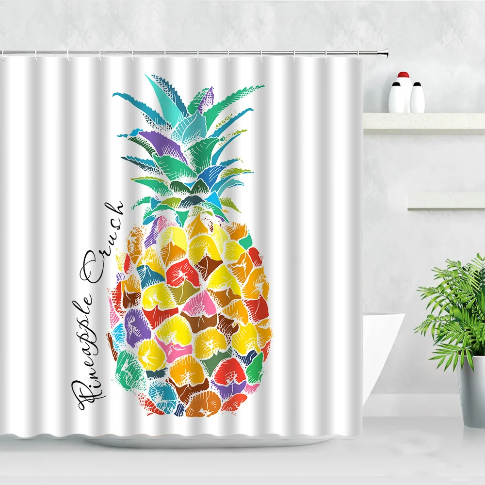 

Tropical Fruit Shower Curtains Blue Sky Pineapple Coconut Green Leaf Printing Modern Home Bathroom Decor Waterproof Curtain Set