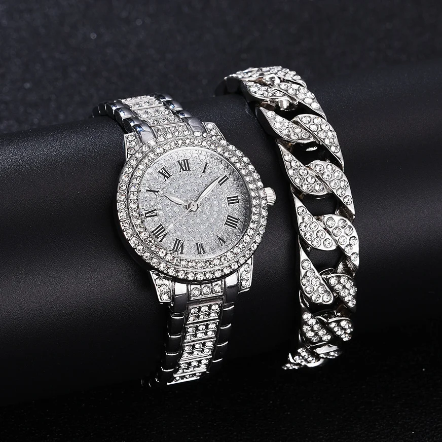 

Luxury Iced Out Watch + Bracelet for Women Sliver Gold Diamond Ladies Watch with Cuban Chain Jewelry Set Relojes Para Mujer Gift