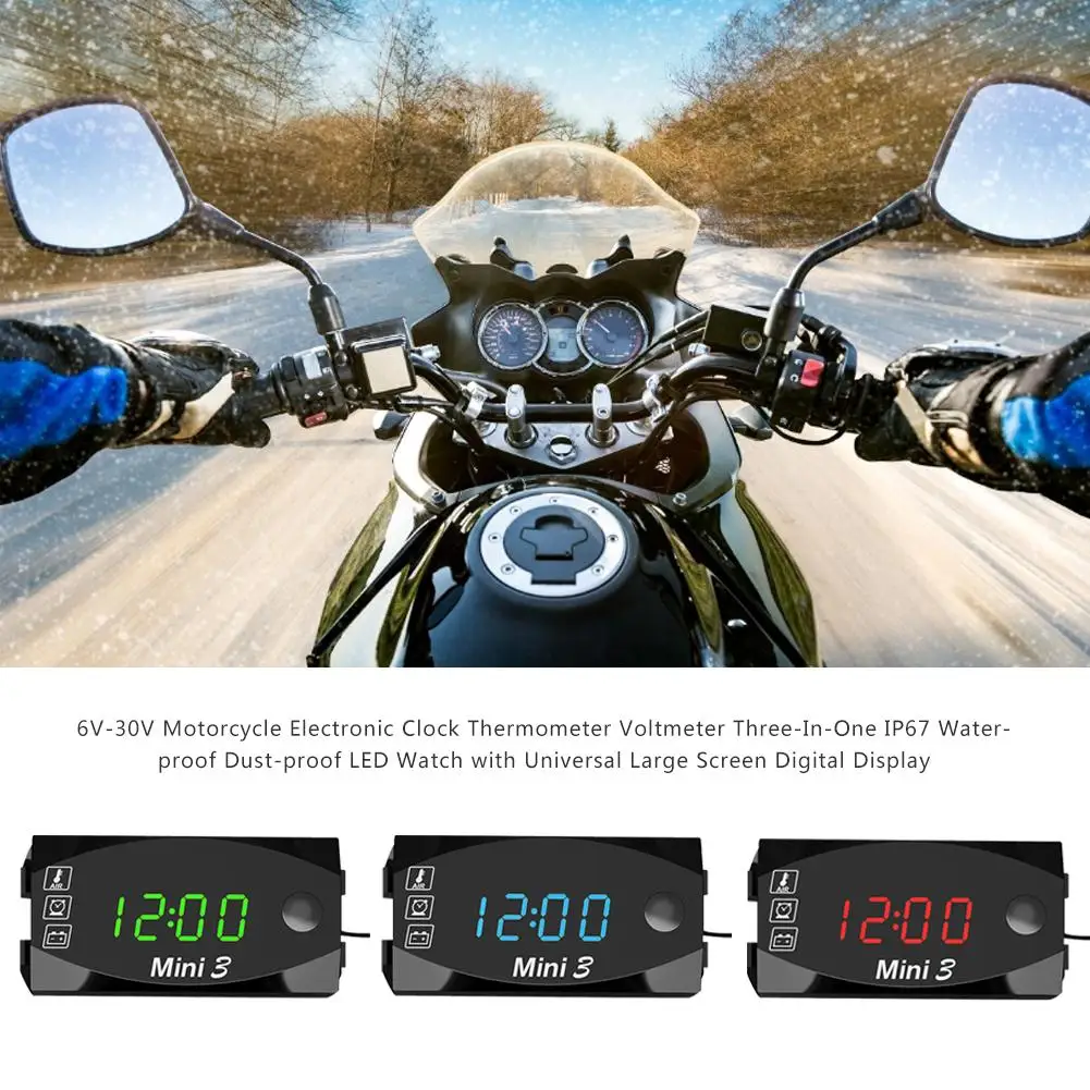 6V-30V Motorcycle Electronic Clock Thermometer Voltmeter Three-In-One IP67 Waterproof Dust-proof LED Watch with Universal Large |