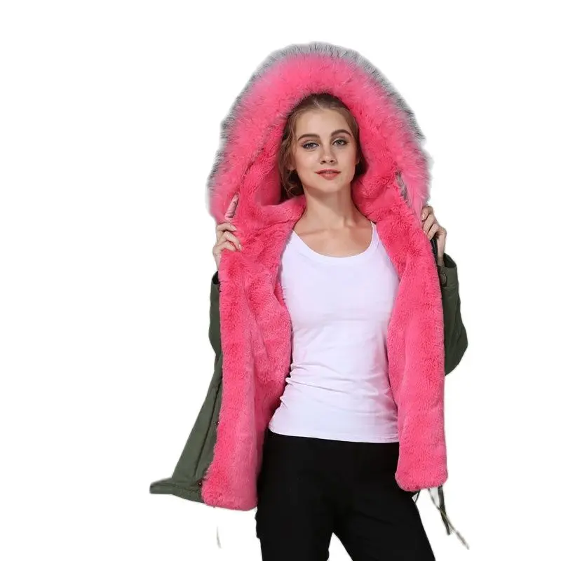 Mhnkro New Arrival Peach Pink Soft Raccoon Fur Collar Ladies Winter Casual Short Length Luxury Fur Parka With Hoodies