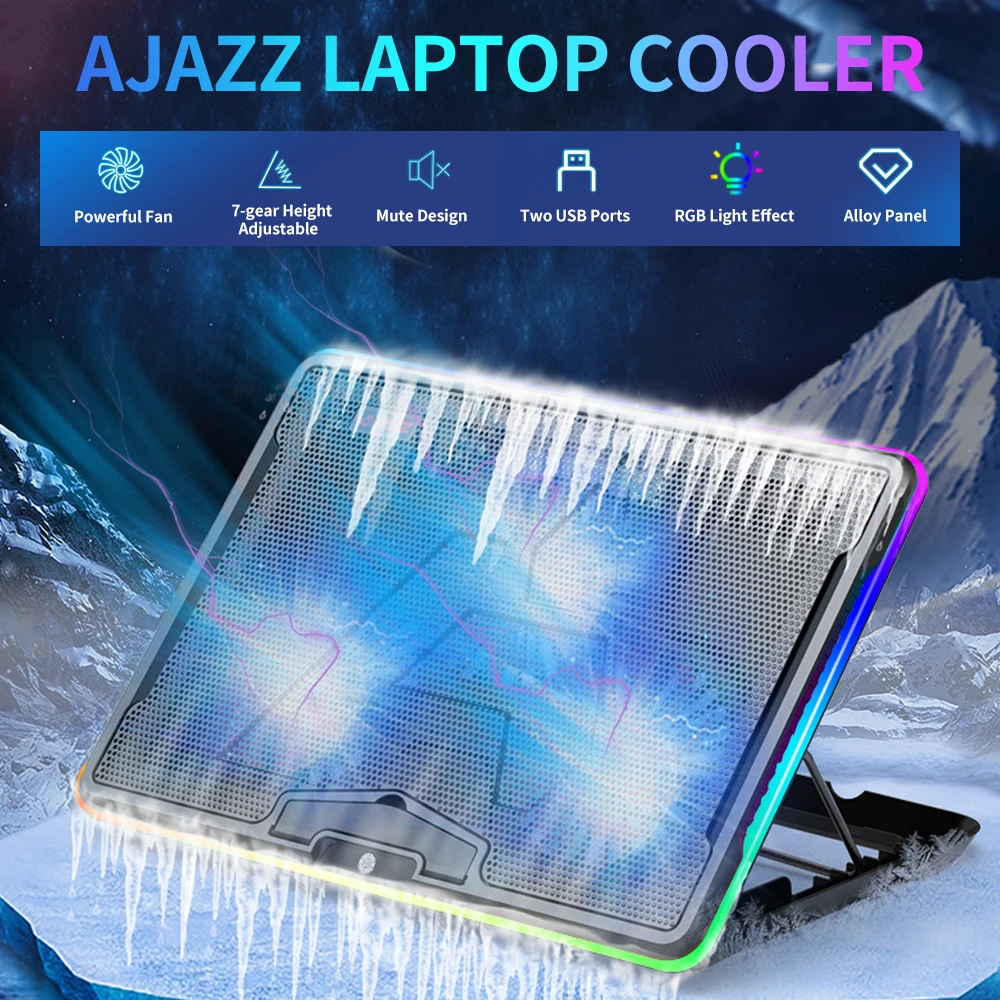 

Подставка для ноутбука AJAZZ ANC160, охлаждающая подставка для ноутбука с RGB-подсветильник кой, 7 режимов работы, регулируемая высота, бесшумная, р...