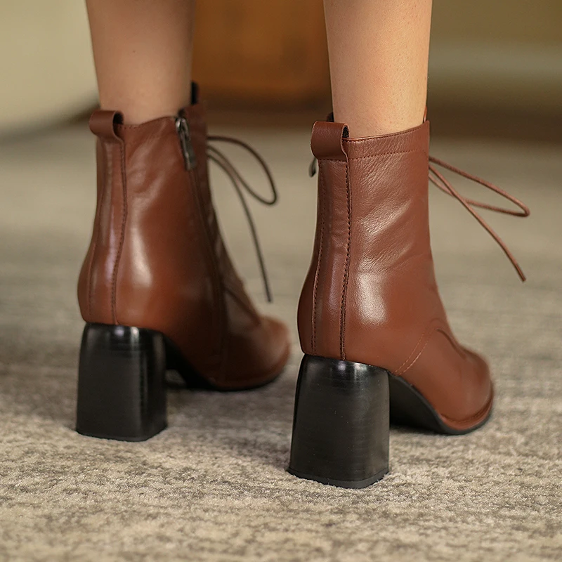 Beli Ukuran 34-39 Fashion Wanita Semata Kaki Kualitas Tinggi Kulit Asli Buatan Tangan Musim Gugur Musim Dingin Boots Cross-Tied Sepatu Hak Tinggi Sepatu Bot