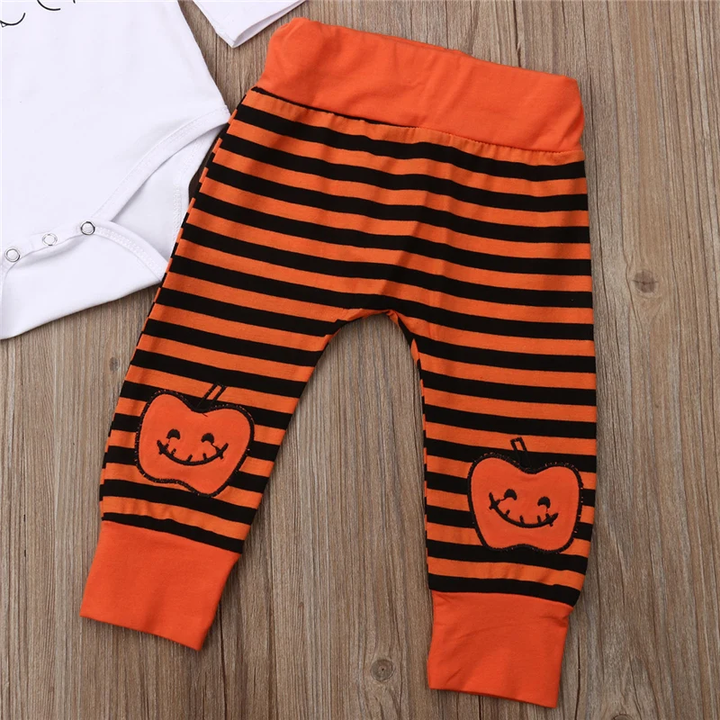 0-24M Newborn Baby Boy Girl Halloween clothes Pumpkin Outfit Romper Jumpsuit+Striped Pants 2019 Autumn Clothing Set | Детская одежда и