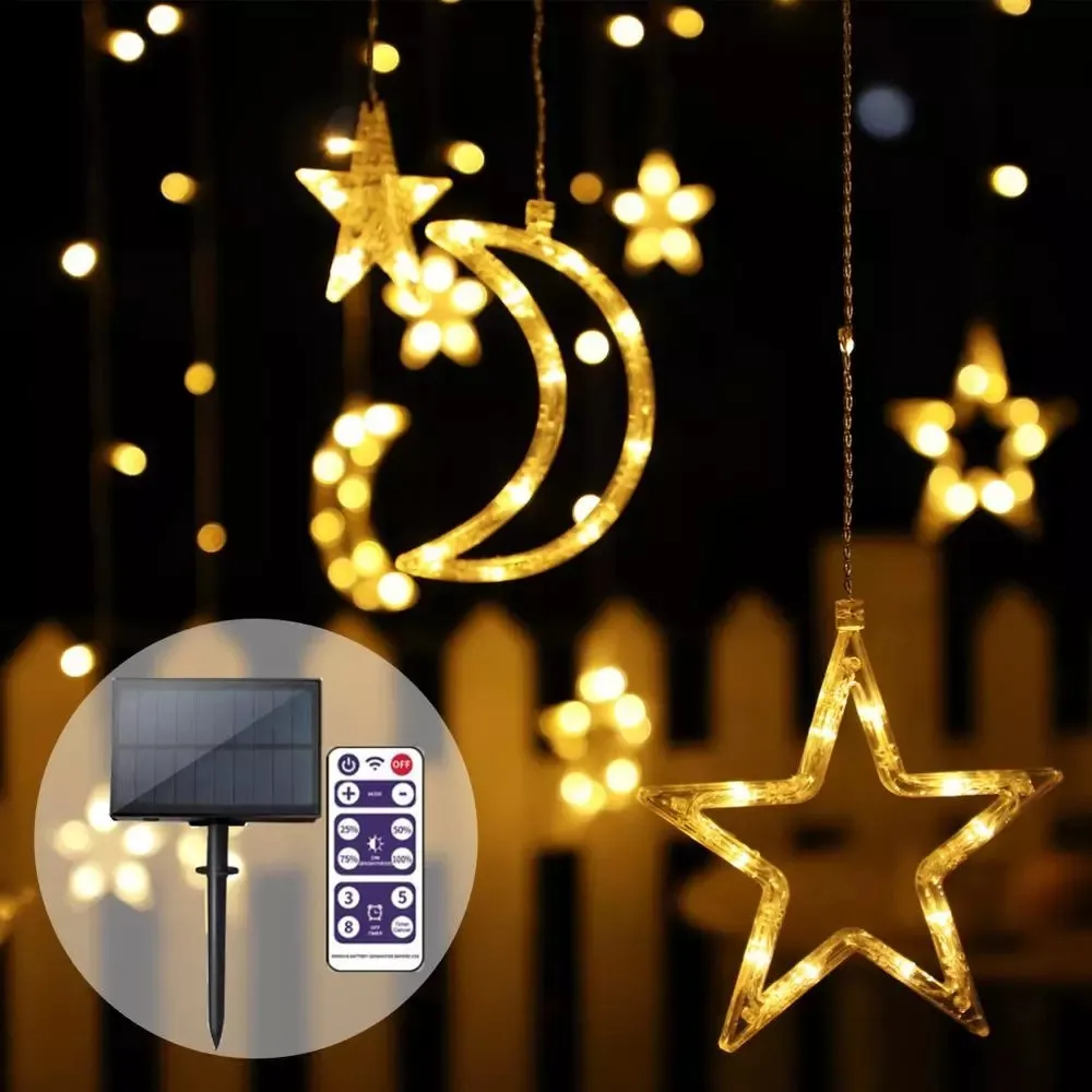 Solar Panel Curtain Light Stars Moons 138LED String Light Outdoor Remote Waterproof Decorate Christmas Party Garden Light