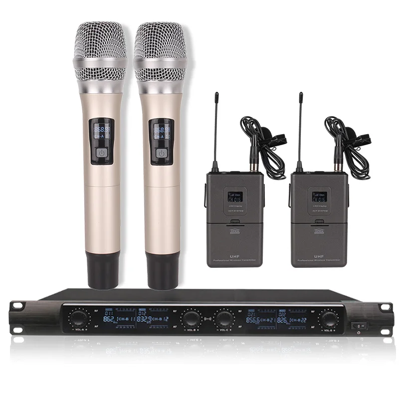 

4-channel wireless microphone system 2 handheld 2 headsets for stage performance, teaching, presentation