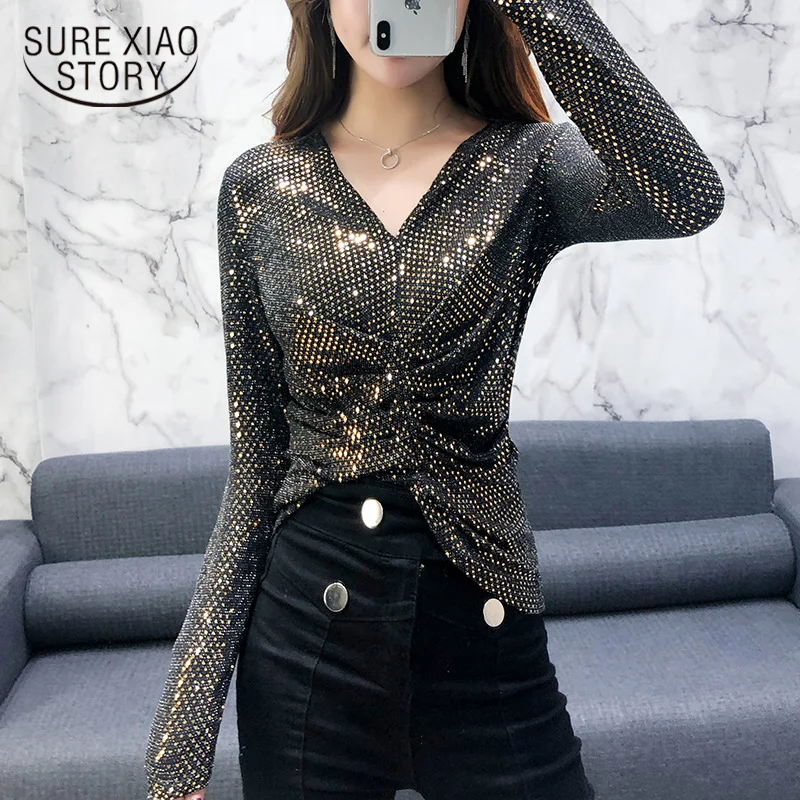 

Korean 2021 New Sexy Fashion Long Sleeve Bright Screen Yarn Backing Slim Women Shirts Tight Women Tops and Blouses 8494 50
