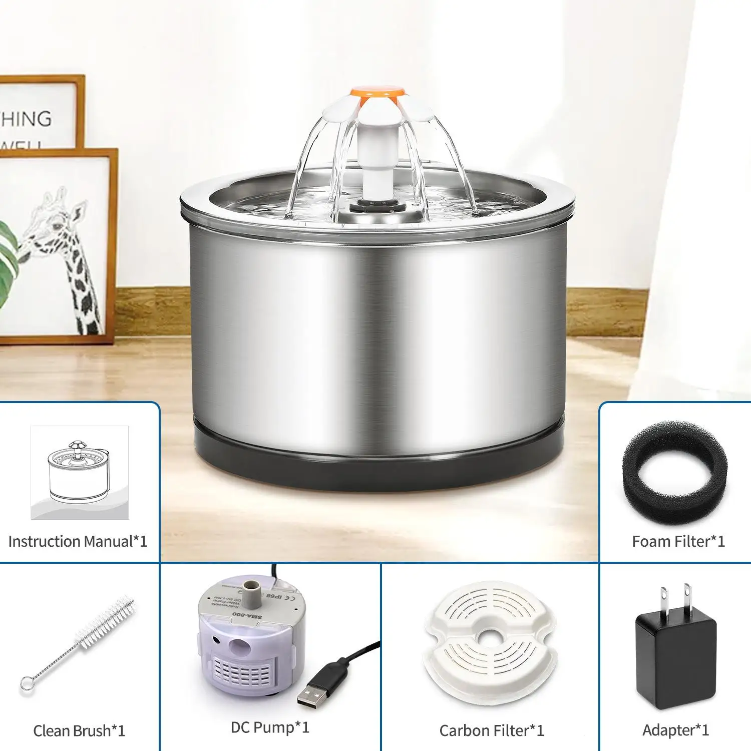 2.5L Stainless Steel Cat Water Fountain Quiet Pump With LED Light Pet Drinking Electric Dispenser Bowls Cats Drinker Feeder | Дом и сад