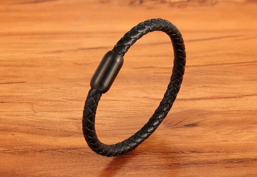 Fashion Simple Style Stainless Steel Men's Leather Bracelet Multi-color Black Leather Bangle For Boys Handsome Birthday Gift
