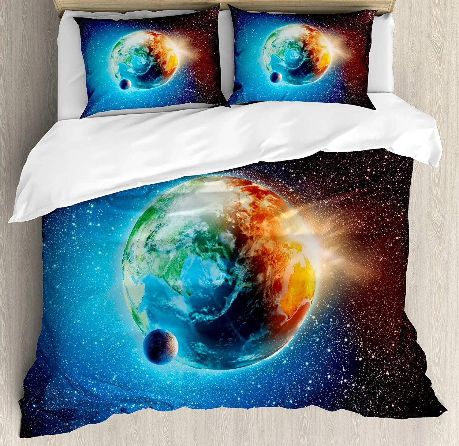 

Earth Bedding Set Majestic Galaxy Outer Space View Universe with Planet Earth Stars Astral Theme Duvet Cover Pillowcase for Home