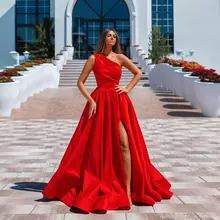 Simples um ombro vestidos de noite cetim alto lado fenda vestidos de baile a linha plissado formal vestidos de festa feitos sob encomenda robe de soiree (4)