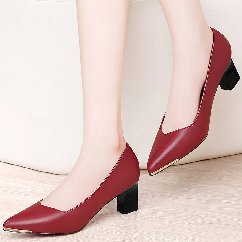 

New Style Women's Thick Heel Work Shoes Mid-Heel Leather Shoes Shallow Mouth Single Shoes Women