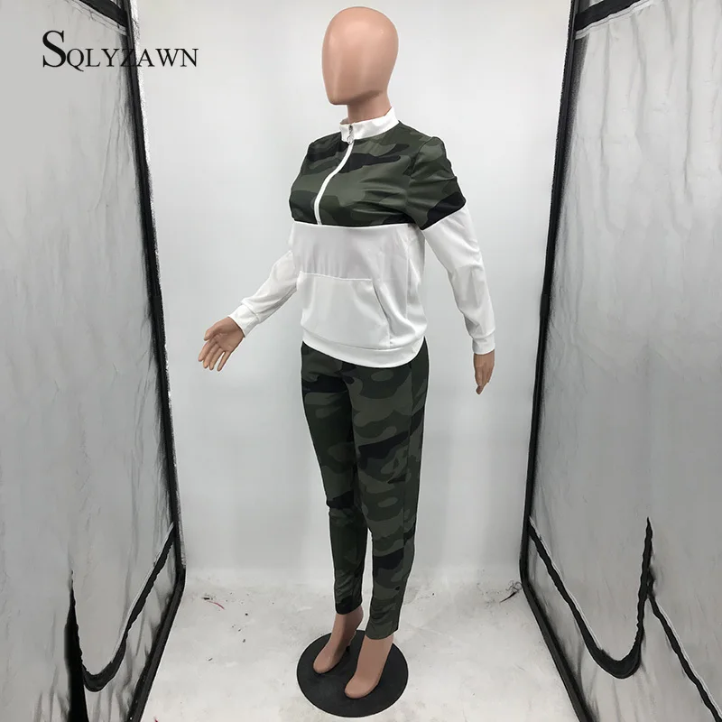 Женский спортивный костюм из двух предметов Белый свитшот с карманом спереди и