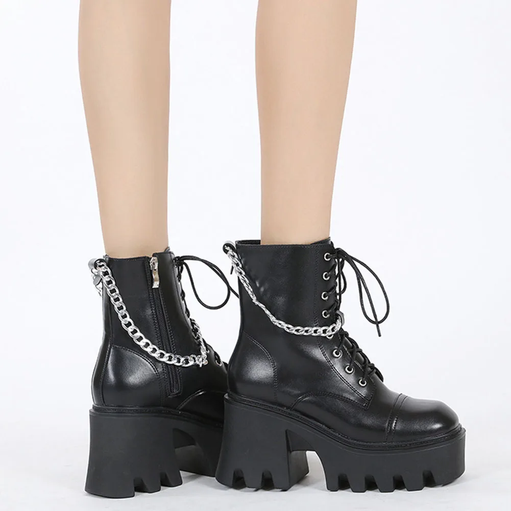 

DORATASIA Size 35 43 Women Shoes Solid Chain High Heel Motorcycle Boots Zipper Platform Boots Casual Cool Fashion Women Shoes
