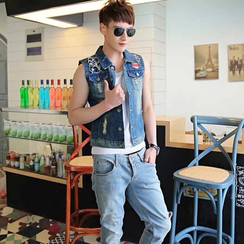 Мужской зауженный джинсовый жилет весна-осень модная повседневная байкерская