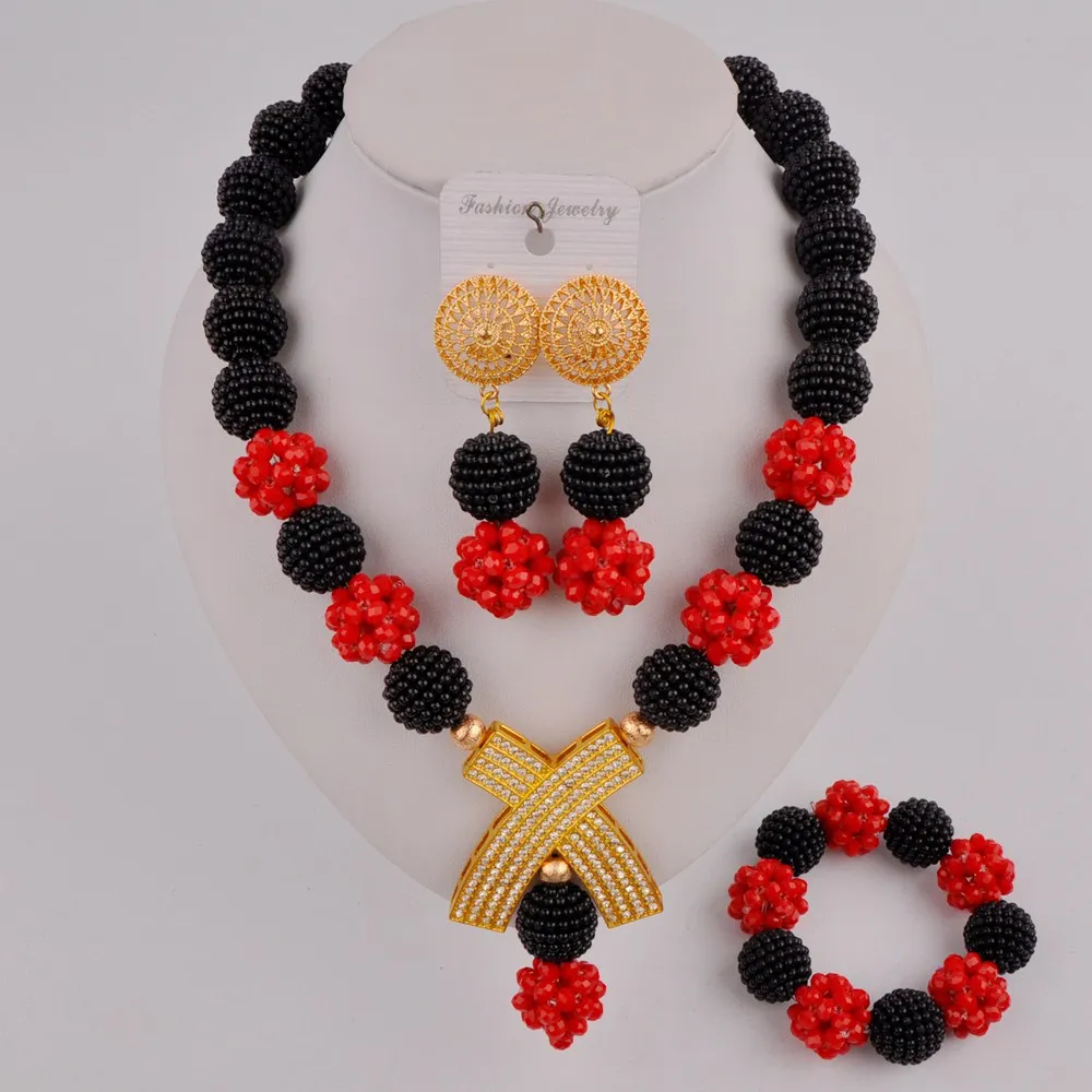 

Nigeria Bridal Jewelry Imitation Pearl Black and Opaque red Two-tone Necklace African Wedding Banquet Costume Jewelry Set AZ-10