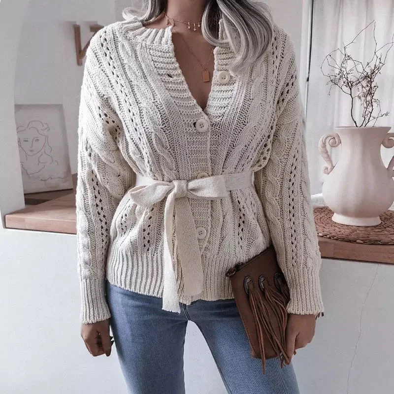 

Sweater Women's Coat 2021 Autumn/winter New Women's Cardigan Korean Twist Buckle Waist Knit Cardigan