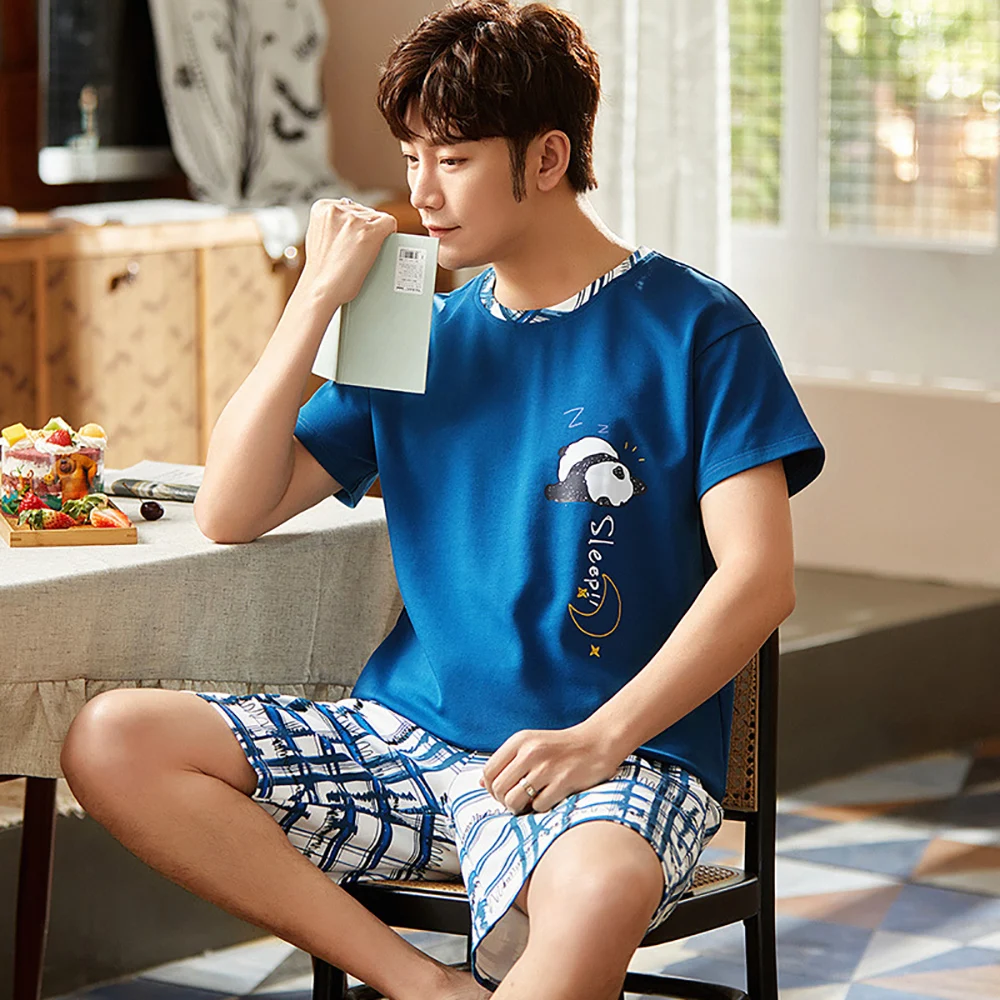 

Men Summer Pajama Sets Cartoon Pijama Panda Print Pajamas With Plaid Shorts Plus Size Casual Comfort Cotton Sleepwear Pyjamas
