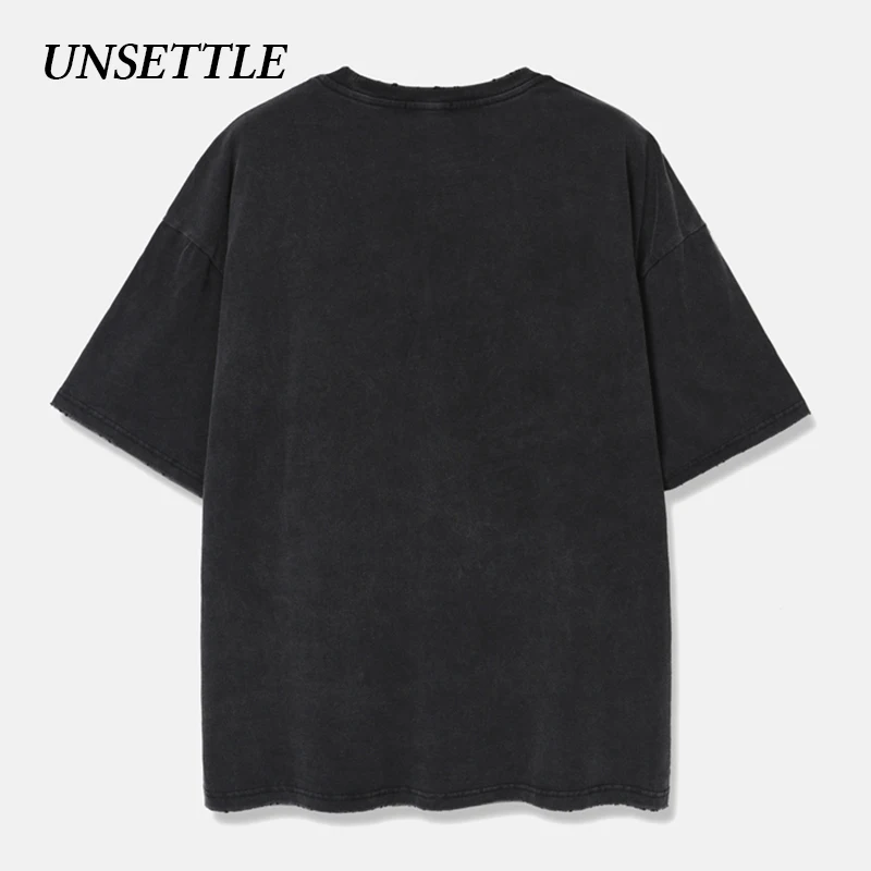 UNSETTLE High Street Heavy Weight Fabric Washed T-shirts Men Hip Hop Print Gothic Skulls Streetwear tshirt Short Sleeve Tees | Мужская