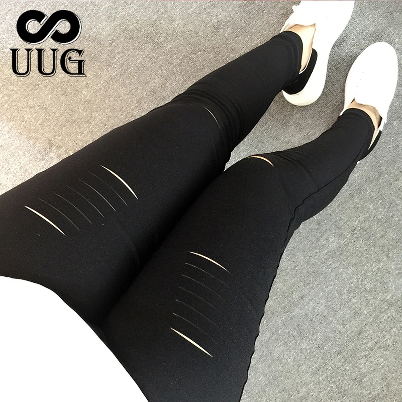 UUG 3xl 4xl женские брюки рваные черные узкие карандаш с дырками большие размеры