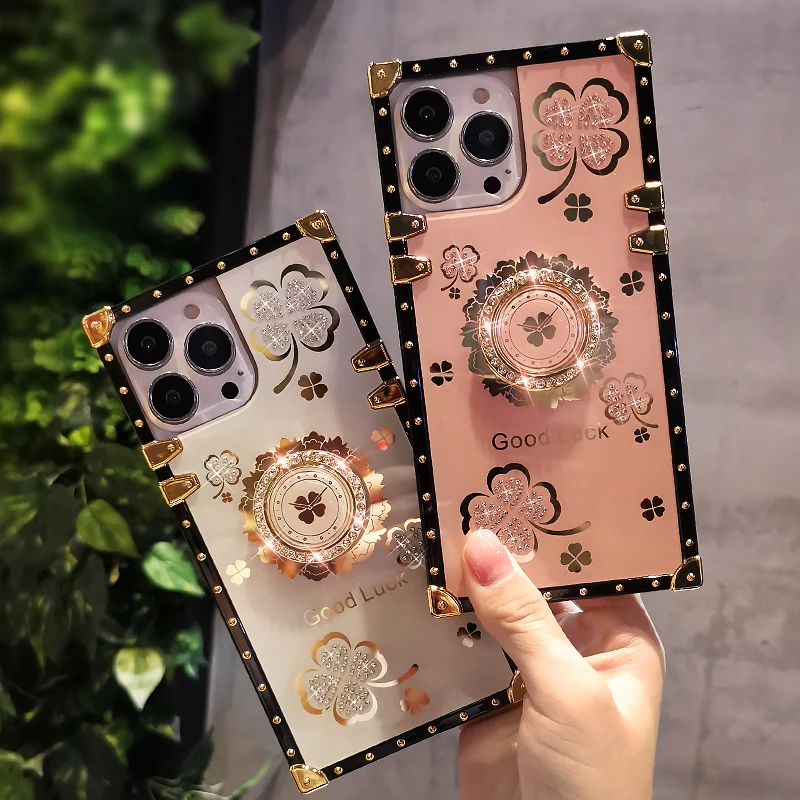 

Mobile phone case female For iPhone13promax four-leaf clover rhinestone bracket anti-fall protective cover square all-inclusive