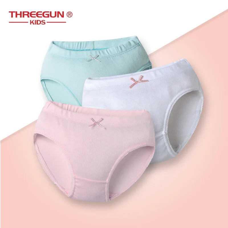 THREEGUN/детское нижнее белье для девочек; хлопковые трусы; детские короткие трусики; дышащие трусы со средней талией для подростков; нижнее белье с бантом из ленты