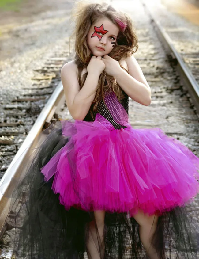 

Hot Pink Rock star Girl Funking Tutu Dress Children Scary Evening Party Cosplay Tutu Dresses Halloween Custom Clothing for Kids