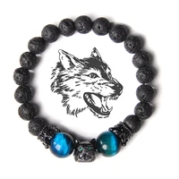 wolf head bracelet men natural 8 mm black volcanic 12 mm tiger eye stone beads bangle handmade stretch crown charm pulsera women