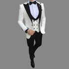 Осень 2021, модный белый мужской костюм по индивидуальному заказу, черный облегающий смокинг для жениха с отворотом для свадебной вечеринки (пиджак + брюки + жилет)