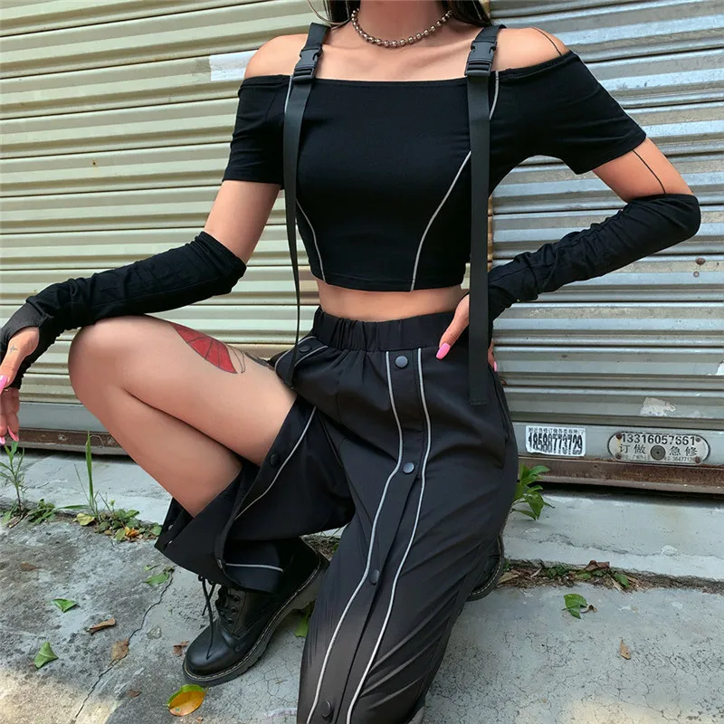 Женские Лоскутные черные длинные брюки Светоотражающие Полоски эластичная