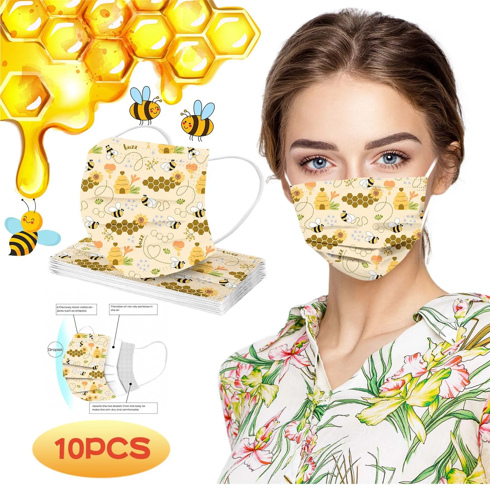 

10pcs Bee Print Masks for Adult Face Mask Disposable Earloop Mask Masque Jetables Bee Honeybee Print Spring 3 Layer Face Mask
