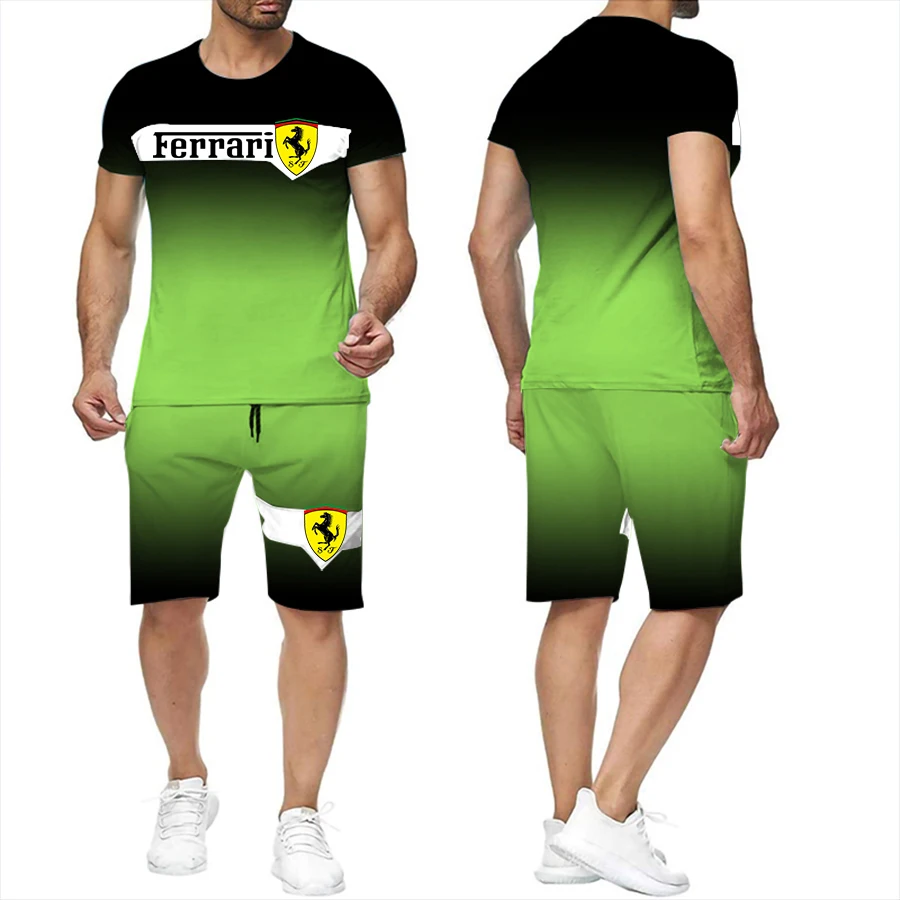 

Summer New 3D Ferrari Printed Men's T-shirt Sports Couple Quick-Drying Casual Gradient Color Short-Sleeved + Shorts 2-Piece Set