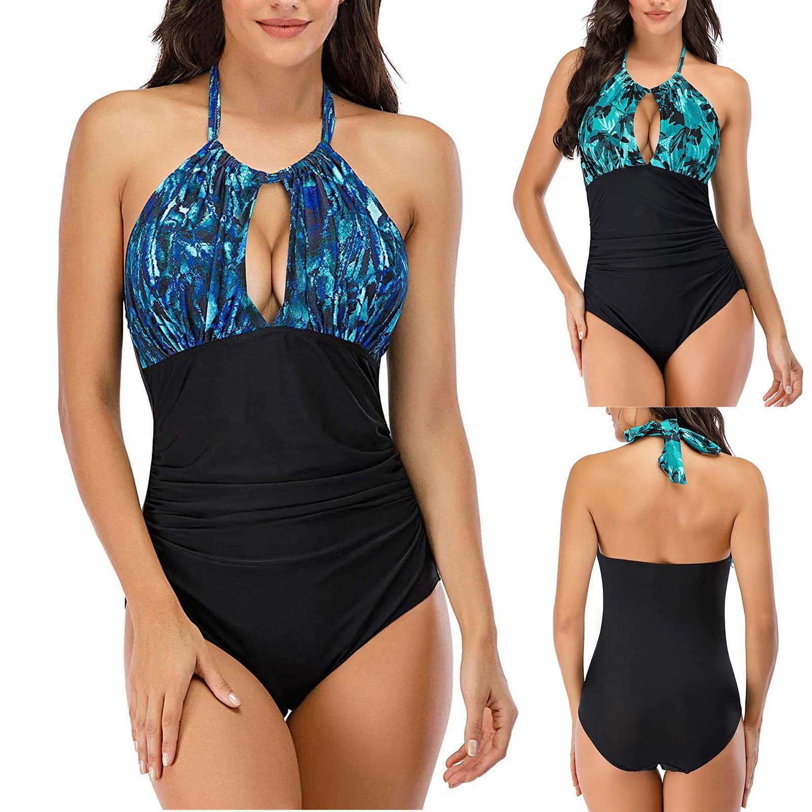 

Women's Swimming Suit 2021 Women One Piece High Neck V-neckline Tankini Mesh Ruched Monokini Swimwear Bathing Suit Women Bikini