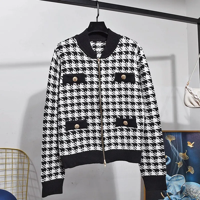 Fashion Houndstooth Knit Cardigan Jacket 2 Piece Set Ladies Autumn Long Sleeve Coat+Bloomers Pants Women Suit Winter chandal