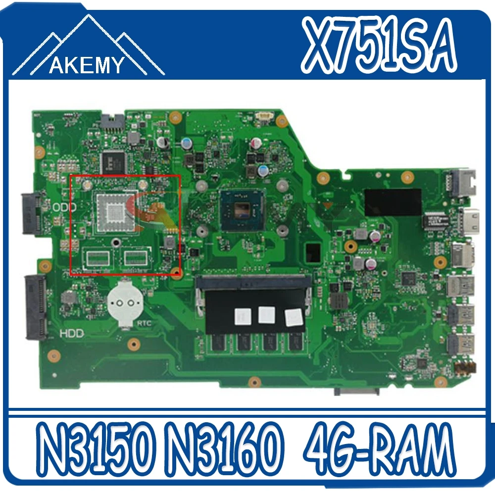 

Akemy X751SA Laptop motherboard For ASUS X751S X751SA REV.2.0 Mainboard 4 Cores N3150 N3160 DDR3 4G-RAM