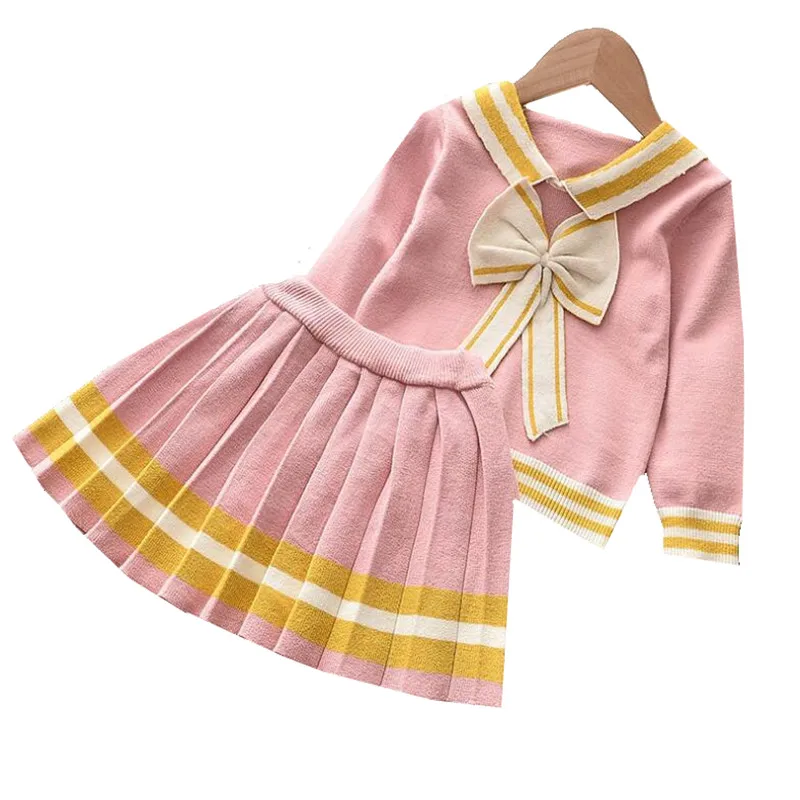

Модный комплект одежды для маленьких девочек, свитер с бантом розовая юбка осенняя одежда для маленьких девочек милый комплект зимней одеж...